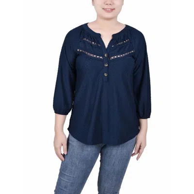 Ny Collection Petites Womens Polyester Textured Button-down Top In Blue