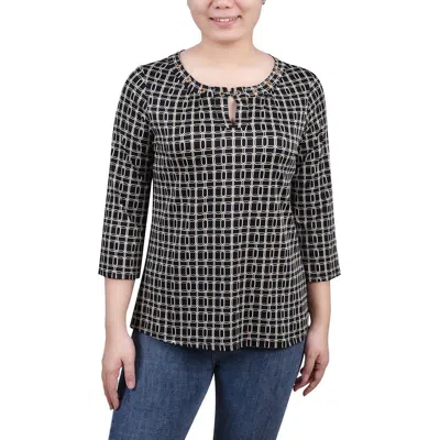 Ny Collection Petites Womens Printed 3/4 Sleeve Blouse In Black