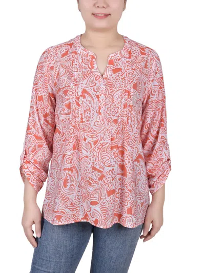 Ny Collection Petite Long Roll Tab Sleeve Pintuck Front Blouse In Coral Inkpaisley