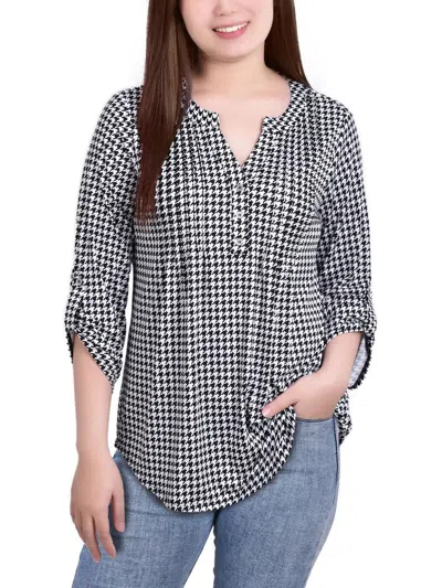 Ny Collection Petites Womens Printed Pintuck Henley In Black