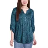 Ny Collection Petite Knit Jacquard 3/4 Sleeve Roll Tab Pintuck Top In Blue
