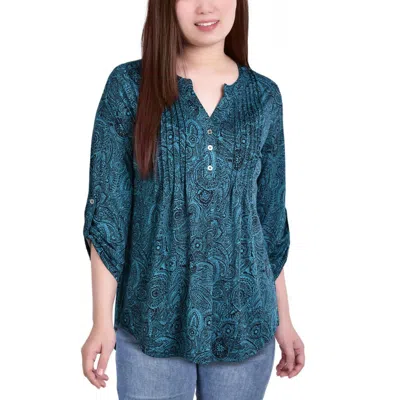 NY COLLECTION PETITES WOMENS PRINTED PINTUCK HENLEY