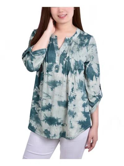 Ny Collection Petites Womens Printed Pintuck Henley In Seafoam Tiedye