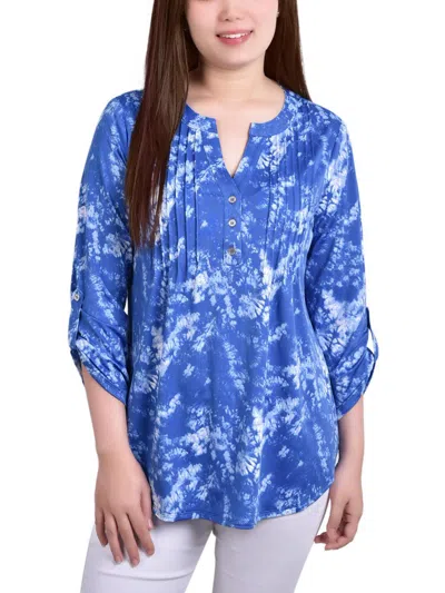 Ny Collection Petites Womens Printed Pintuck Henley In Multi