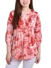 Ny Collection Petites Womens Printed Pintuck Henley In Pink