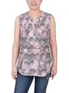 Ny Collection Petite Sleeveless Printed Pintucked Blouse In Pink