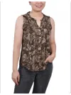 Ny Collection Plus Size Sleeveless Jacquard Y Neck Top In Beige