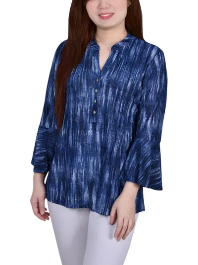Ny Collection Petites Womens Printed Y-neck Blouse In Blue