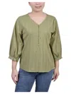 Ny Collection Petite Size 3/4 Sleeve Button Placket Jacquard Blouse In Green