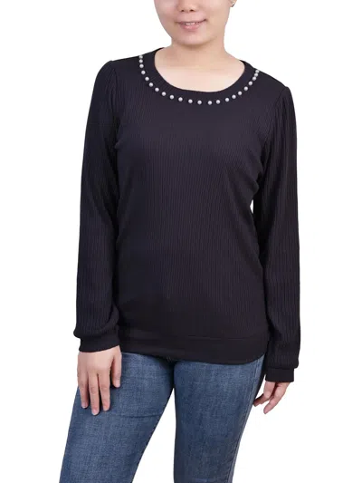 Ny Collection Petites Womens Ribbed Pearl Trimmed Pullover Top In Pink