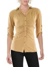 NY COLLECTION PETITES WOMENS RUCHED-FRONT BUTTON DOWN BLOUSE