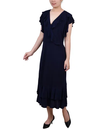 Ny Collection Petites Womens Ruffled A-line Midi Dress In Blue