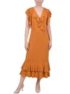 Ny Collection Women's Short Flutter Sleeve Ruffle Neck Dress In Brown