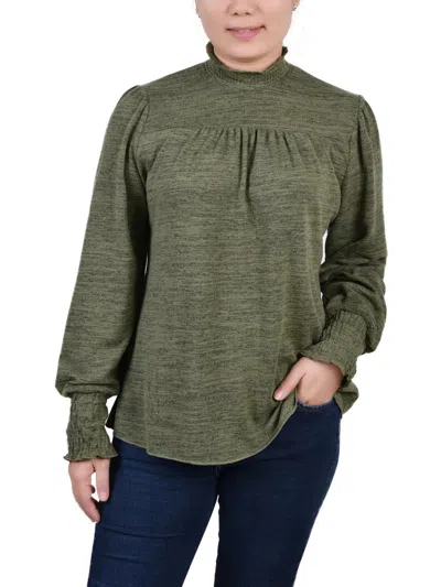 Ny Collection Petites Womens Ruffled Heathered Blouse In Green