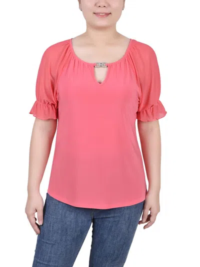 Ny Collection Petite Short Ruffle Sleeve Rhinestones Top In Calypso Coral