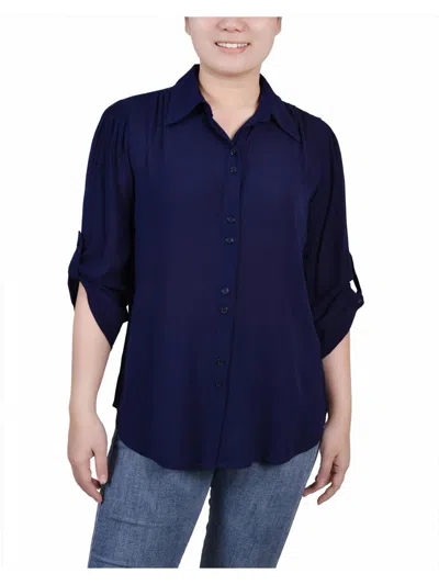Ny Collection Petites Womens Sheer Solid Button-down Top In Blue