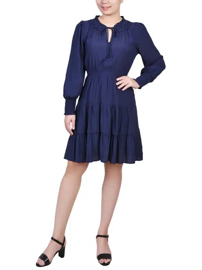 Ny Collection Petites Womens Smocked Above Knee Shift Dress In Blue