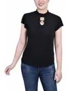 Ny Collection Petites Womens Smocked Mock Collar Keyhole Pullover Top In Black