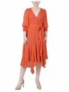 Ny Collection Women's 3/4 Sleeve Belted Chiffon Handkerchief Hem Dress In Multi