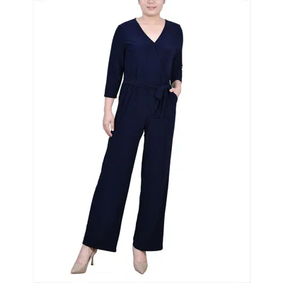 Ny Collection Petites Womens Solid Wide Leg Jumpsuit In Blue