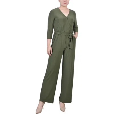Ny Collection Petites Womens Solid Wide Leg Jumpsuit In Green