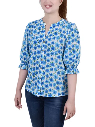 Ny Collection Petites Womens Split Neck Floral Print Button-down Top In Blue