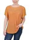 NY COLLECTION PETITES WOMENS STUDDED FLUTTER SLEEVE BLOUSE
