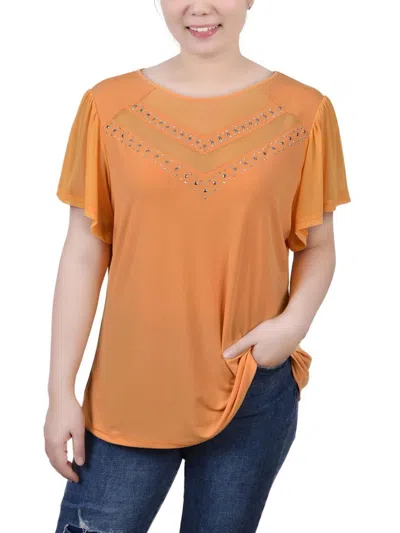 Ny Collection Petites Womens Studded Flutter Sleeve Blouse In Golden Glow