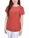 Ny Collection Petite Size Studded Short Flutter Sleeve Top In Multi