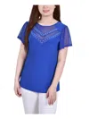 Ny Collection Plus Size Studded Short Flutter Sleeve Top With Mesh Details In Multi