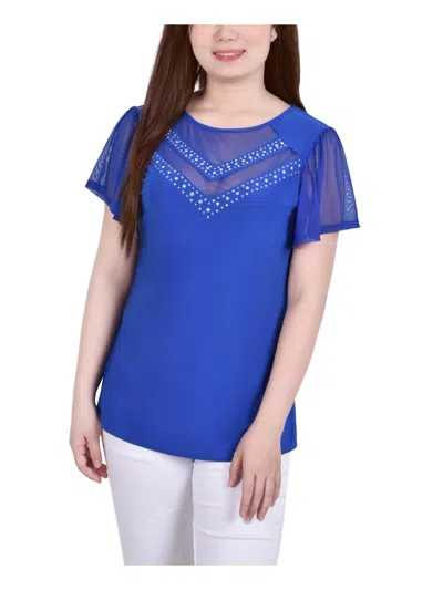 NY COLLECTION PETITES WOMENS STUDDED FLUTTER SLEEVE BLOUSE