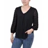 Ny Collection Petite V-neck Blouse With 3/4 Jacquard Chiffon Sleeves In Black