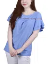 Ny Collection Petite Short Double Flutter Sleeve Swiss Dot Top In Multi