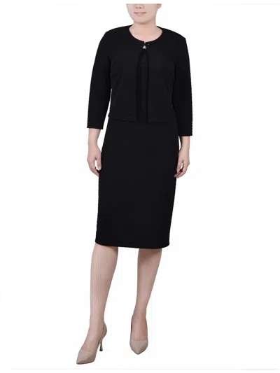 Ny Collection Petites Womens Textured Button Collarless Blazer In Black Beauty