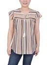 Ny Collection Petite Size Drawstring Neck Top In Brown