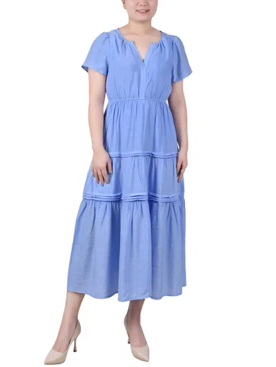 Ny Collection Petite Short Sleeve Tiered Midi Dress In Blue