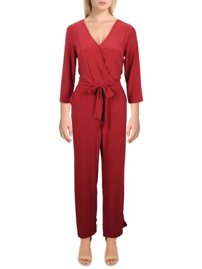 Ny Collection Petites Womens V-neck Belted Jumpsuit In Pink