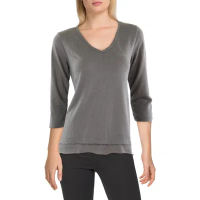 Ny Collection Petites Womens V Neck Elbow Sleeve Pullover Top In Gray