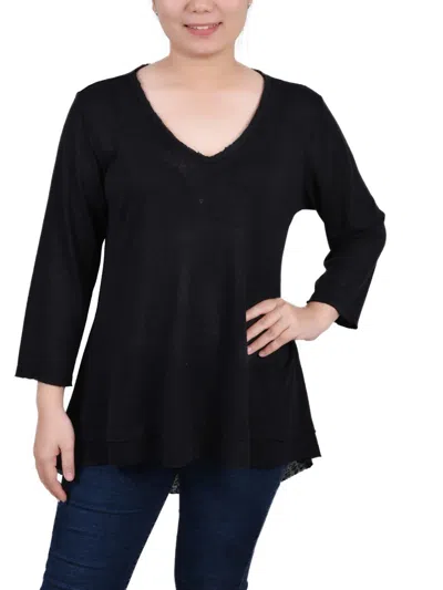 Ny Collection Petites Womens V Neck Elbow Sleeve Pullover Top In Black