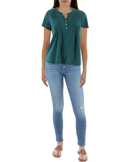 Ny Collection Petites Womens Y-neck Jacquard Blouse In Green