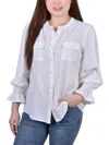 Ny Collection Petites Womens Y Neck Smocked Button-down Top In White