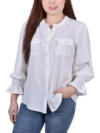 Ny Collection Petites Womens Y Neck Smocked Button-down Top In Ivory