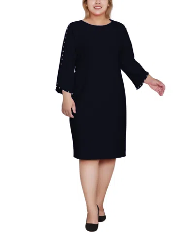 Ny Collection Plus Size 3/4 Cultivated Pearl-detail Petal Sleeve Dress In Black