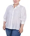 Ny Collection Plus Size 3/4 Puff Sleeve Cotton Jacquard Blouse In White