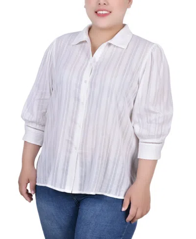 Ny Collection Plus Size 3/4 Puff Sleeve Cotton Jacquard Blouse In White