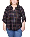 Ny Collection Petite Size 3/4 Roll Sleeve Top In Black Ivory Plaid