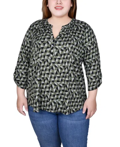 Ny Collection Plus Size 3/4 Roll Sleeve Top In Olive Pyramid