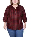 Ny Collection Plus Size 3/4 Roll Sleeve Top In Red Black Plaid