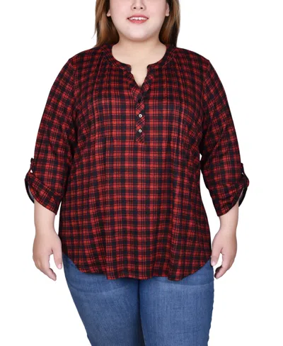 Ny Collection Plus Size 3/4 Roll Sleeve Top In Red Black Plaid