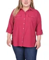 Ny Collection Plus Size 3/4 Sleeve Roll Tab Notch Collar Blouse In Sangria
